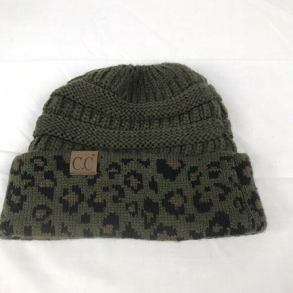 C.C. Ponytail‎ Beanie olive green/cheetah preowned - Picture 4 of 5